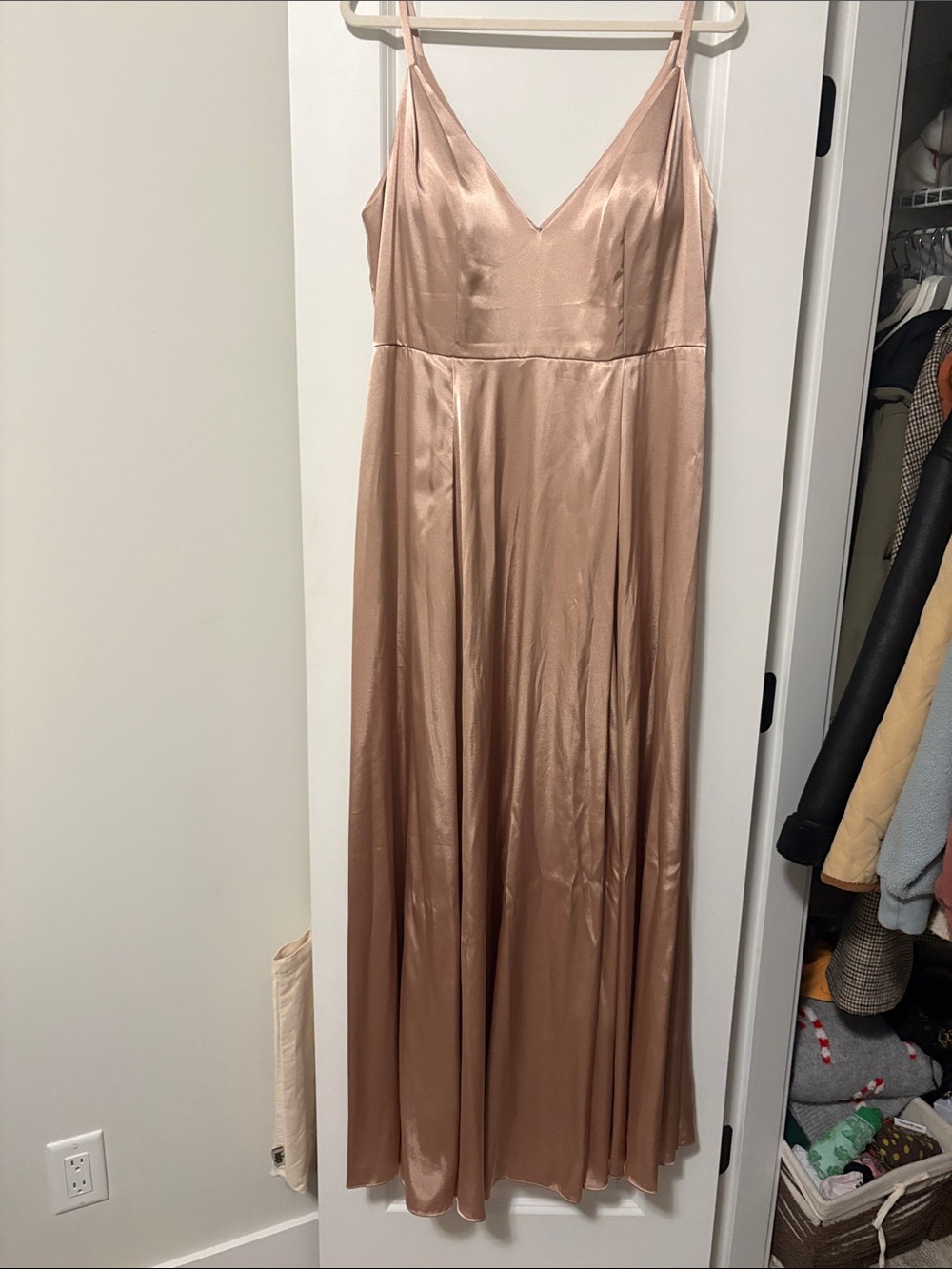 Rose Gold Satin Slip Maxi Dress with V-Neck